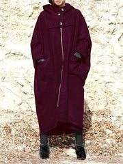 Solid Color Hooded Zipper Mid-Length Loose Outwear