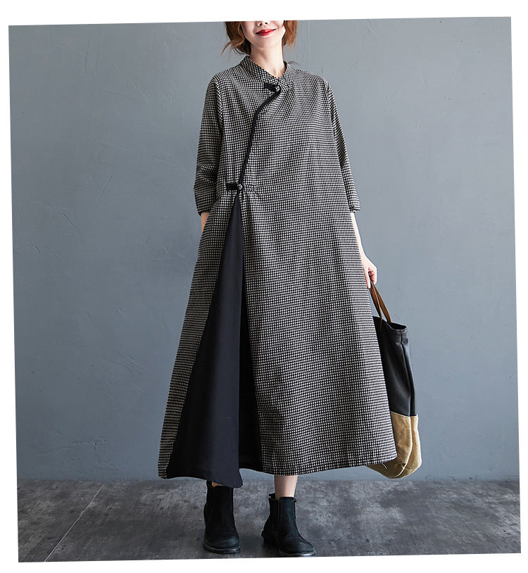 Loose Solid Color Half-Sleeve Cheongsam Midi Dress