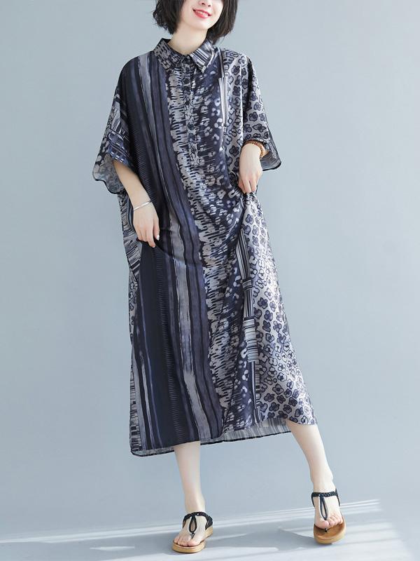 Vintage Loose Splicing Print Lapel Dress