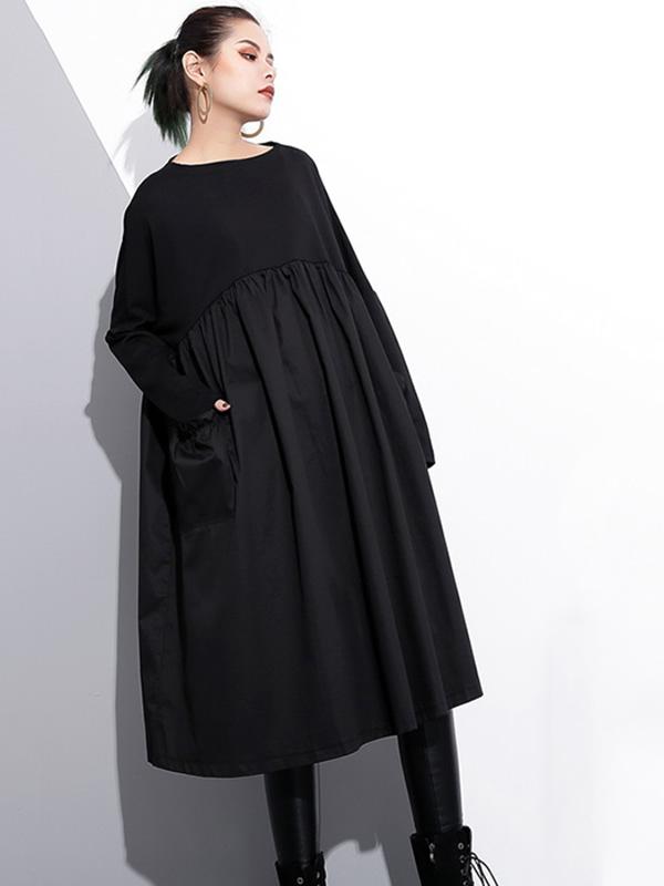 Loose Black Split-joint Long Sleeves Dress
