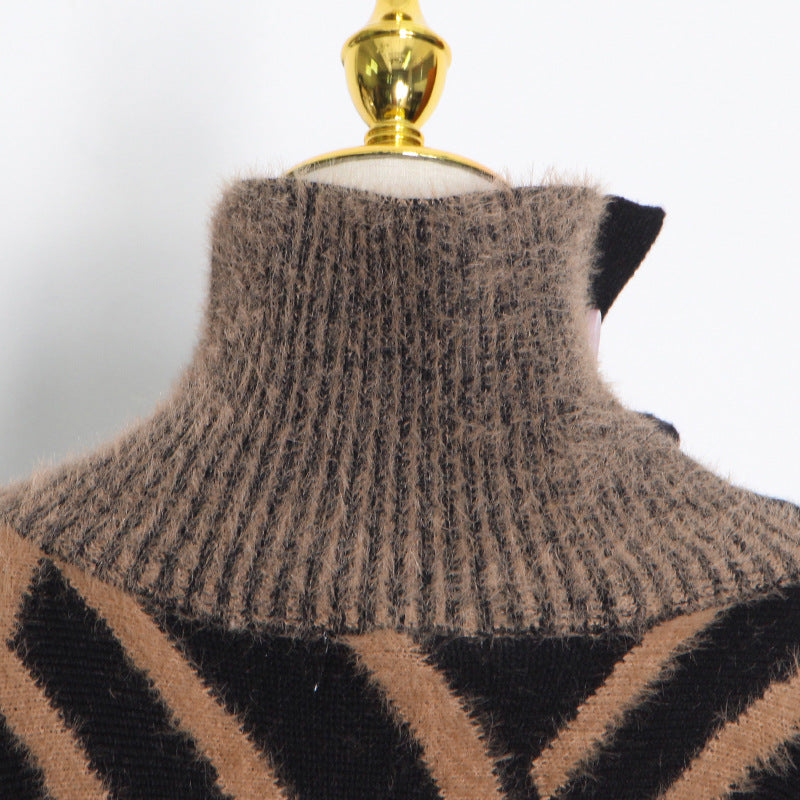 Loose Splicing Geometric Striped Stand Collar Sweater