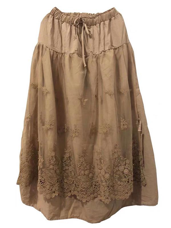 Loose Tiered Gauze Embroidered Lace Skirt