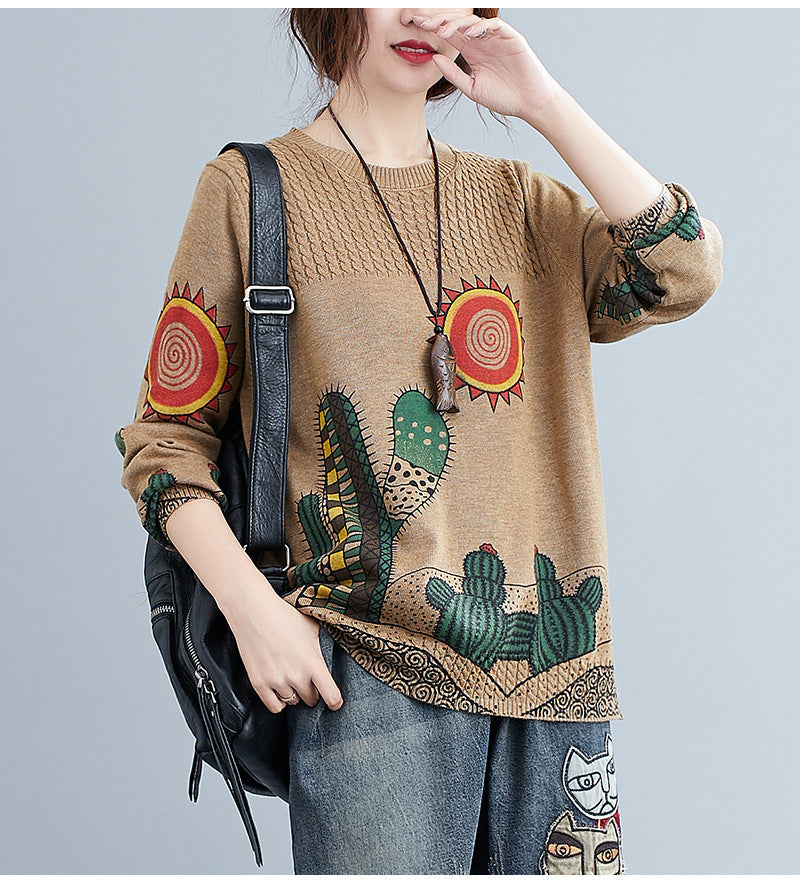 Women Retro Print Crew Neck Sweater