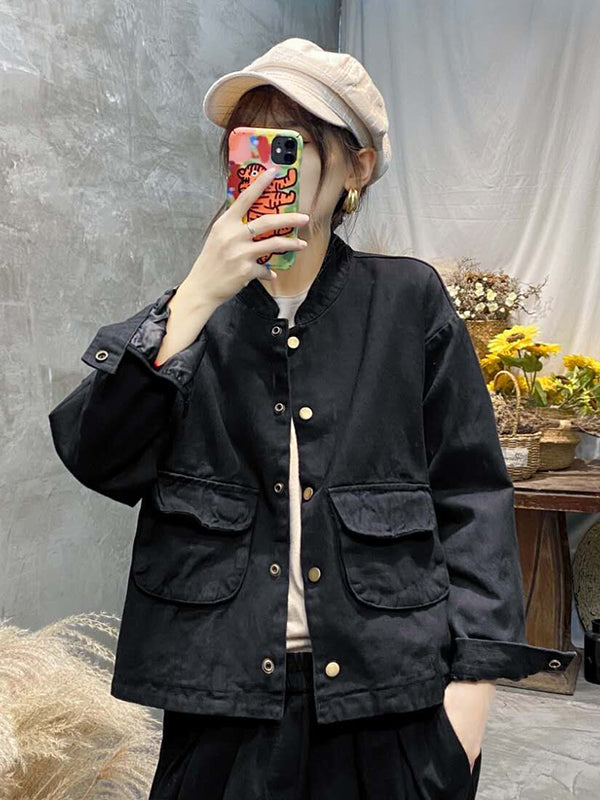 Women Retro Stand Collar Solid Color Coat