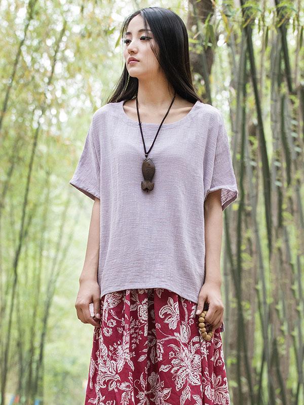 White&Purple High-low Short Sleeves Ramie Cotton T-shirt