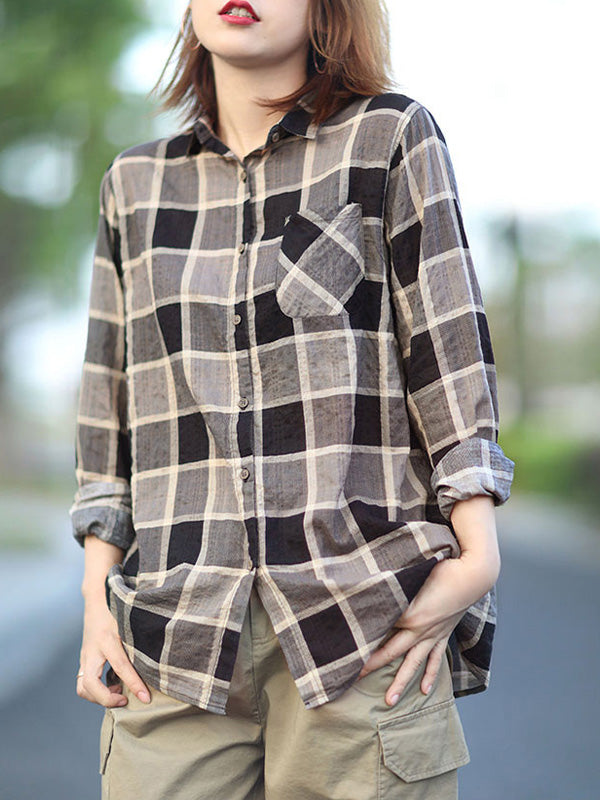 Artistic Splicing Small Pocket Retro Plaid Shirts