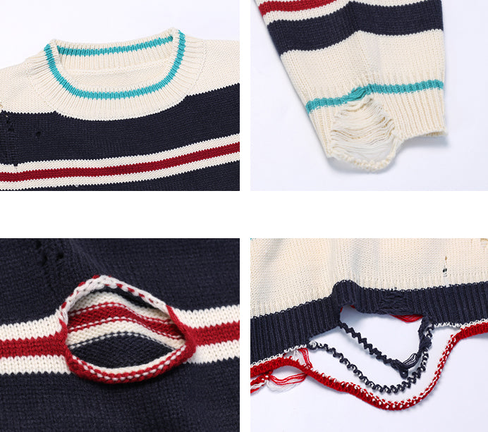 Ripped Casual Striped Knitted Sweater