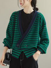 Loose Casual V-Neck Stitching Striped Sweater Coat