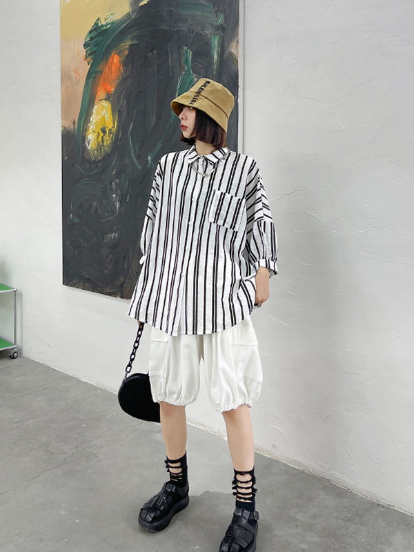 Half Sleeves Striped Loose Simple Blouse