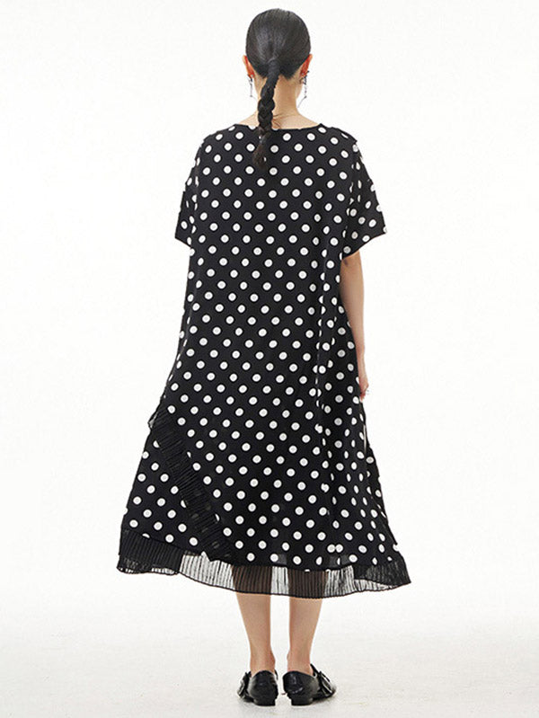Urban Roomy Polka-Dot Stamped Pleated Split-Joint Midi Dress