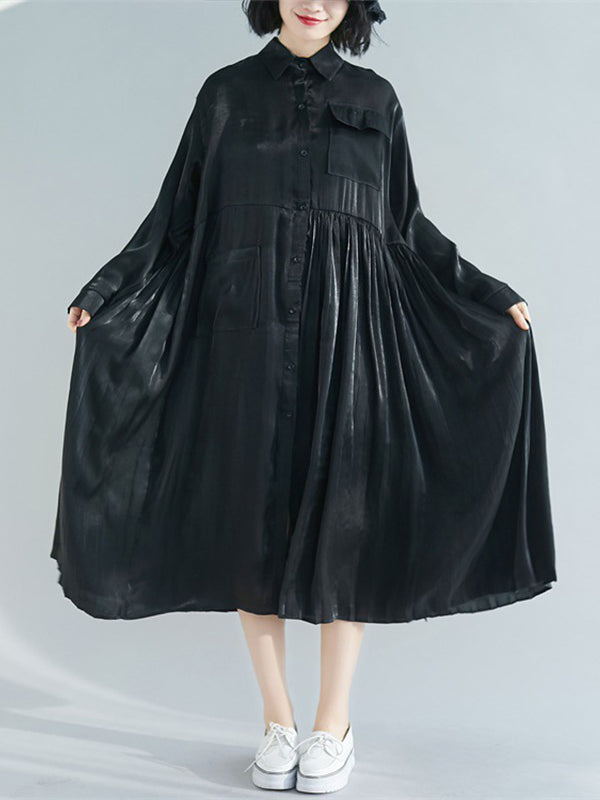 Lapel Solid Pleated Midi Dress