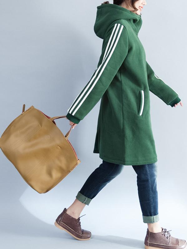 Loose Zipper Stripes Hoodie Long Coat