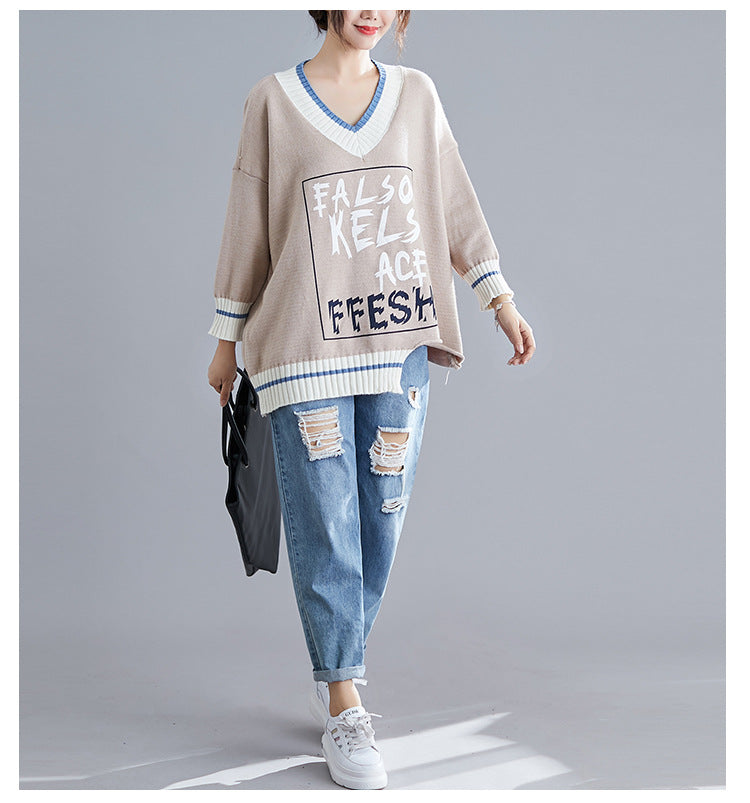 Women Irregular V-Neck Casual Knitted Sweater