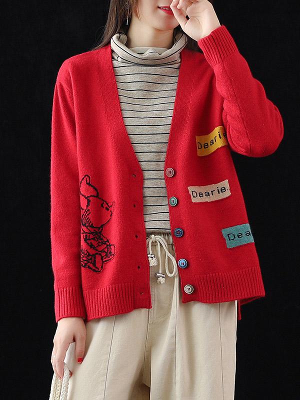 Loose Embroidered V-Neck Cardigan Outwear