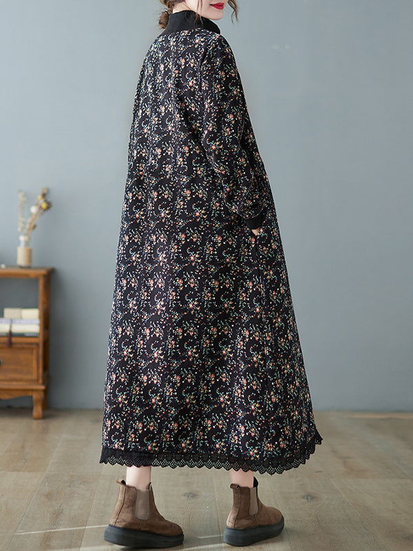 Patchwork Collar Floral Lace-Up Long Midi Dress