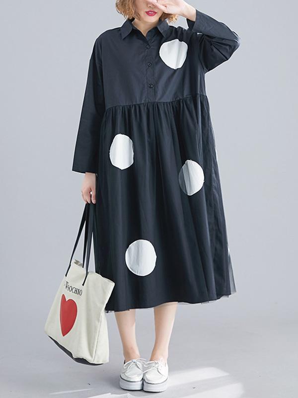 Loose Contrast Color Gauze Polka-Dot Dress