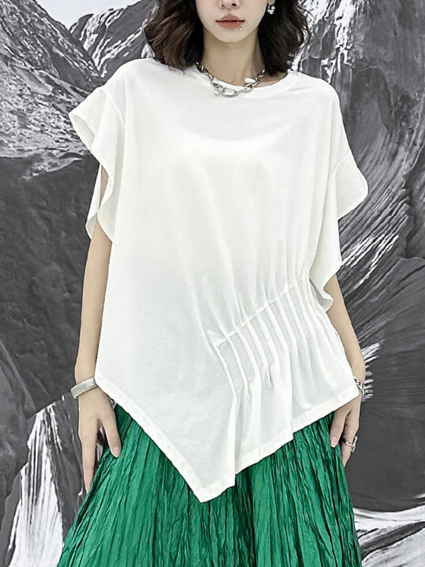Irregular Clipping Roomy Pleated Pure Color Split-Joint Round-Neck T-Shirts