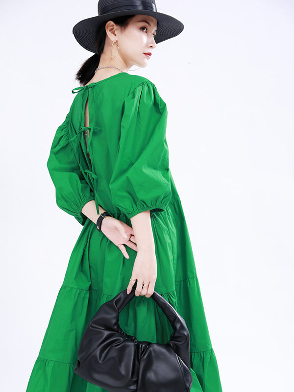 Retro Solid Puff Sleeves Midi Dress