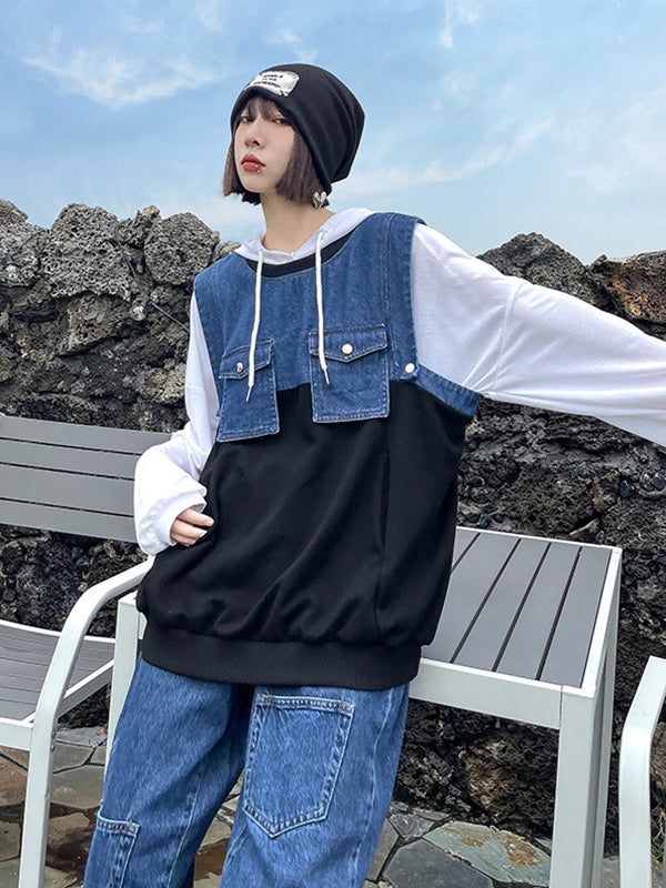 Denim Suits Loose Stitching Vest With Casual Pants