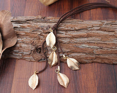 Alloy Leaf Shape Pendant Leather Cord Necklace