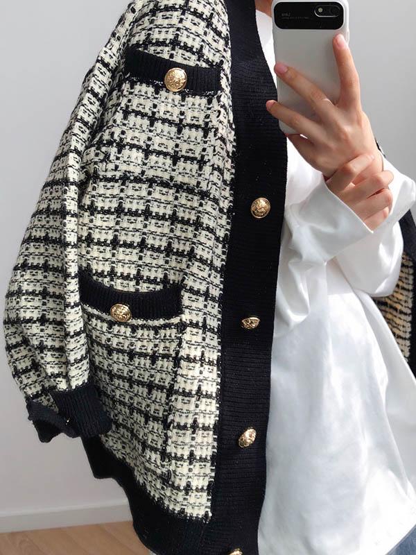 Casual Plaid Knitting Cardigan Outwears