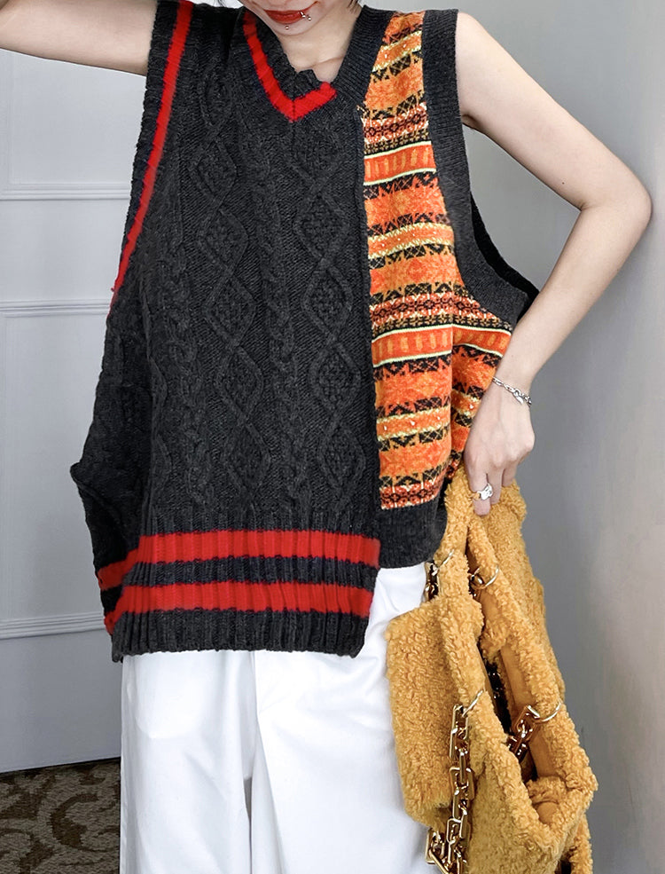 Irregular Contrast Color V-Neck Design Knitted Vest