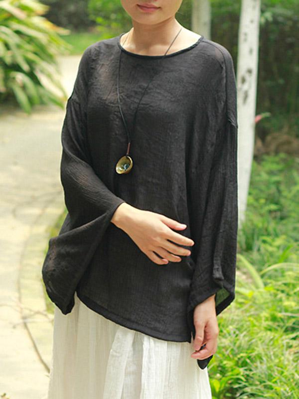 Loose Solid Cotton Vintage Blouses