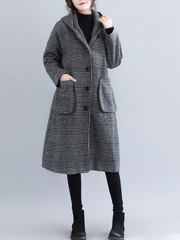 Loose Plaid Woolen Hood Coat