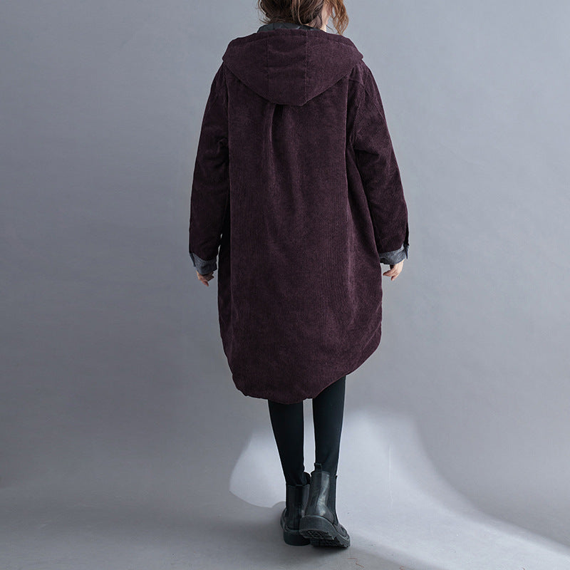 Loose Corduroy Large Pockets Thick Hooded Mid-Length Cotton Coat