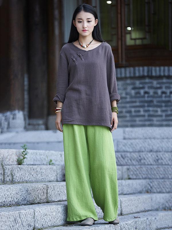 6Color Casual National Style Double Cotton Pants