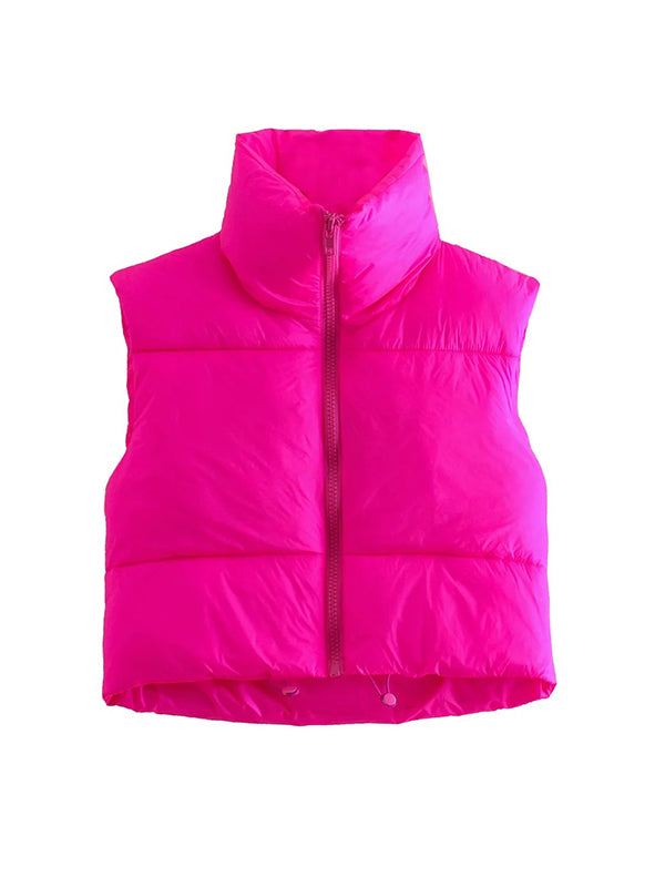 Skinny Sleeveless Solid Color Zipper Stand Collar Padded Vest Vest Top