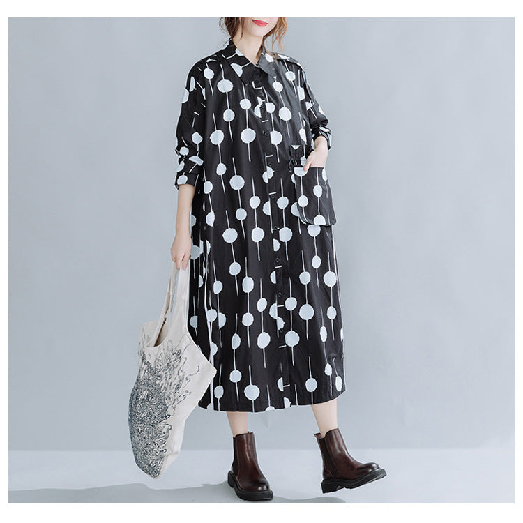 Women Loose Retro Print Shirt Dress