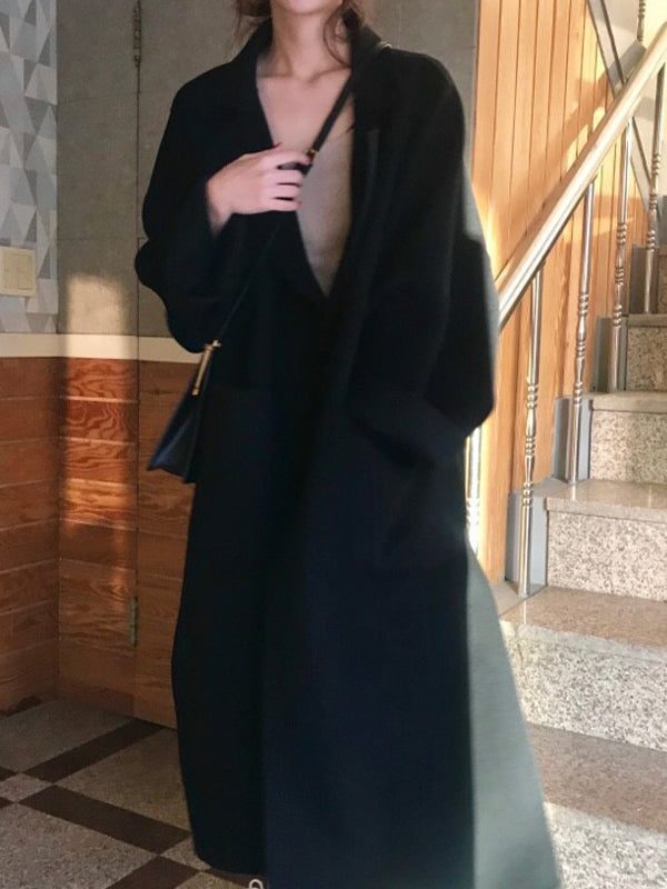 Loose Solid Lapel Collar Long Sleeve  Coat