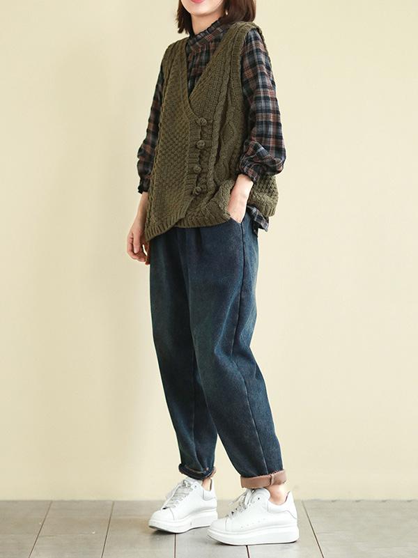 Vintage Loose Button Cropped V-Neck Vest