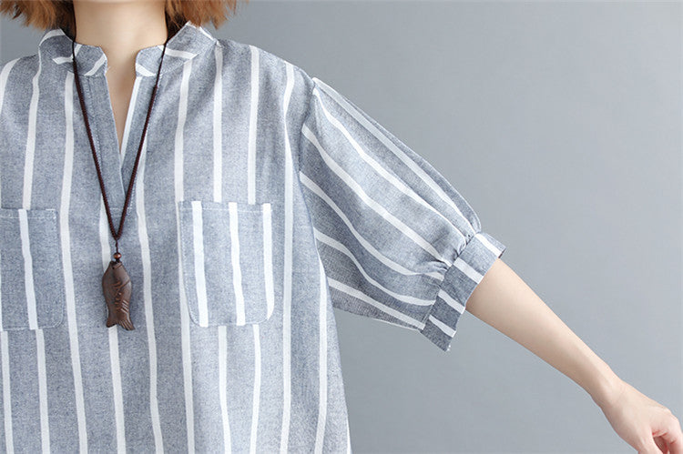 Stand-Up Collar Plus Size Loose Striped Blouses Shirts Top