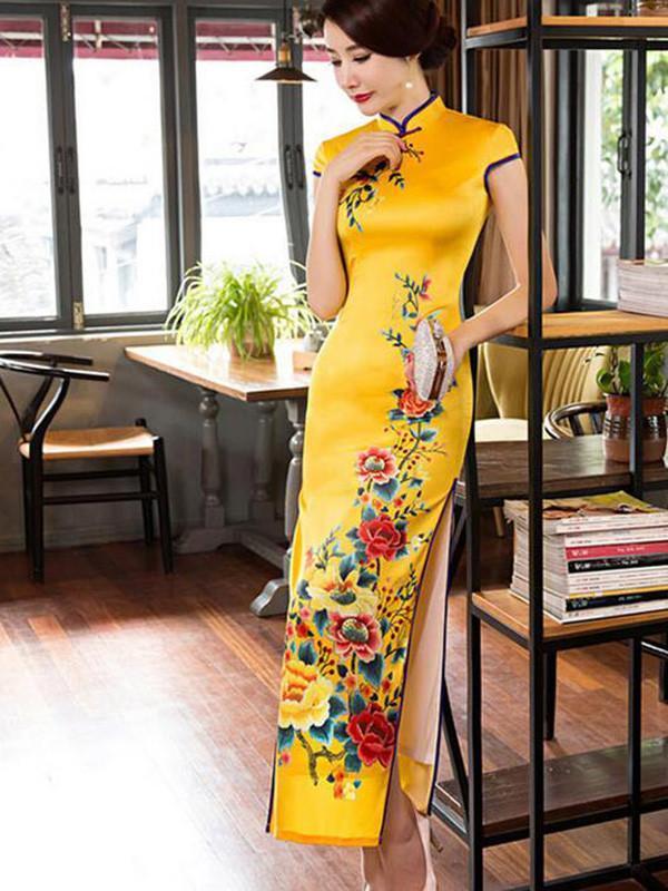 Yellow&Red Side Split Long Cheongsam Dress