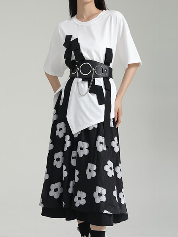 A-Line Roomy Flower-Embellished Contrast Color Split-Joint Skirts Bottoms