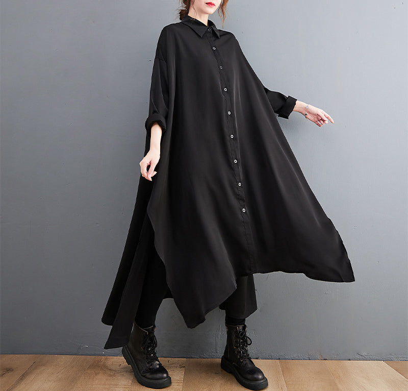 Loose Big Slit Irregular Shirt Midi Dress