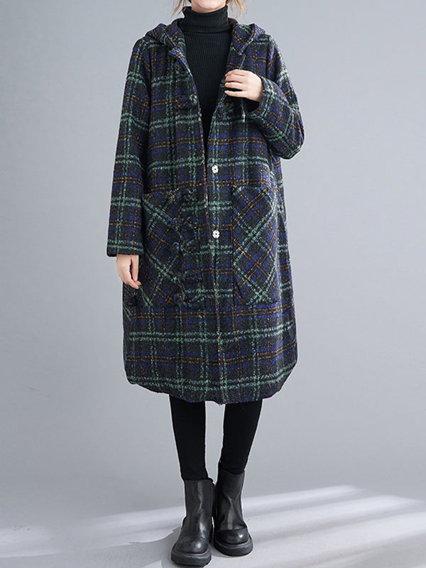 Coil Button Hooded Plaid Coat