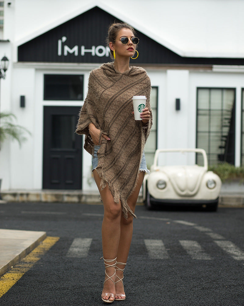 Casual Striped Knitted Hooded Shawl Sweater