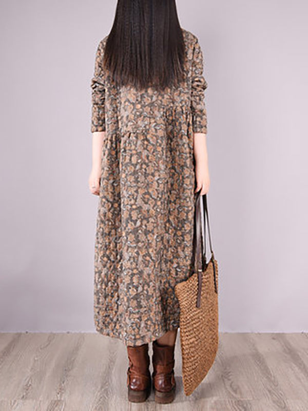 Floral Lapel Loose-Fitting Midi Dress