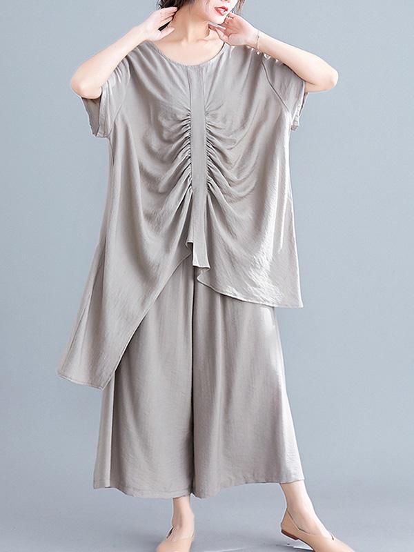 Two-Pieces Solid Pleated Cropped T-Shirt And Wide Leg Pants Suits