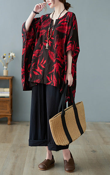 Retro Printed Loose Mid-Length Shirt Top