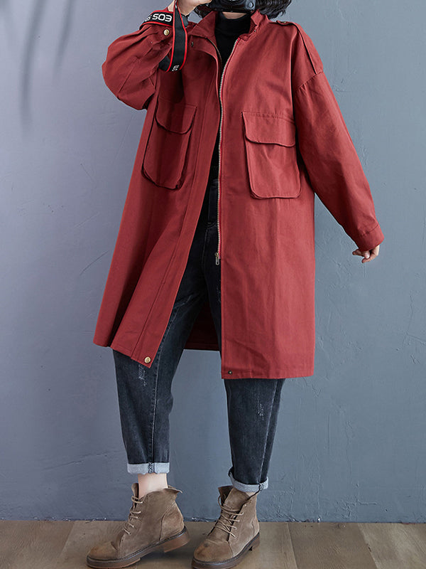 Women Lapel Solid Color Casual Coat