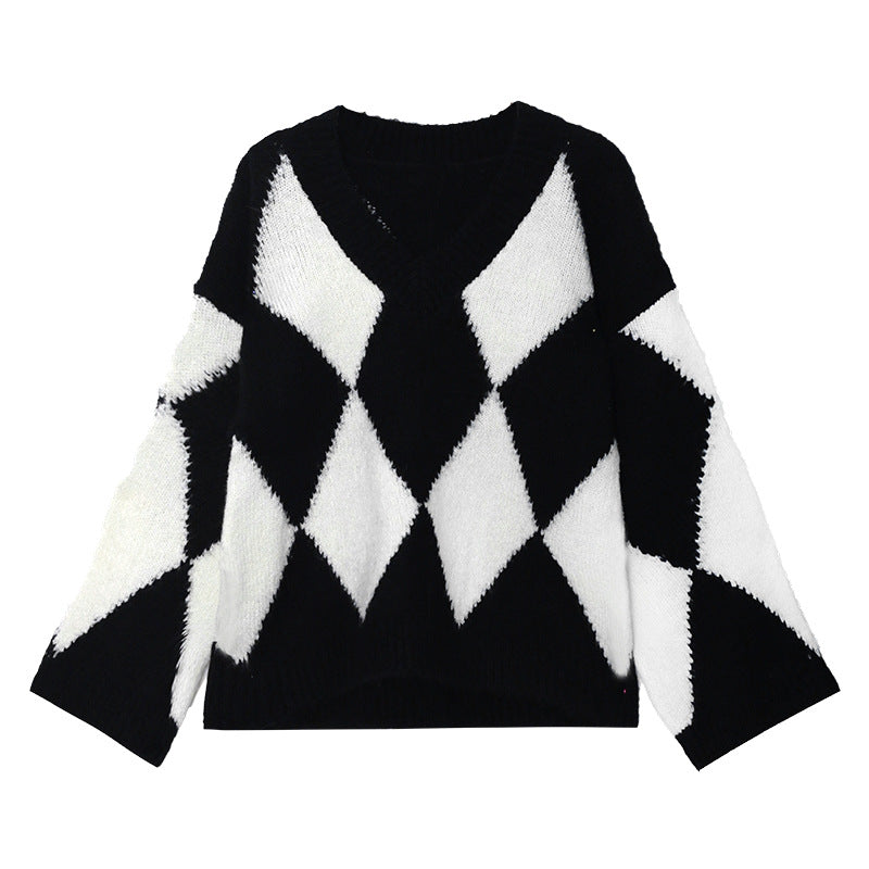 Diamond V-Neck Knitted Long Sleeve Loose Casual Sweater