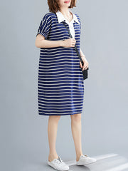 Striped Lapel Split-Joint Midi Dress