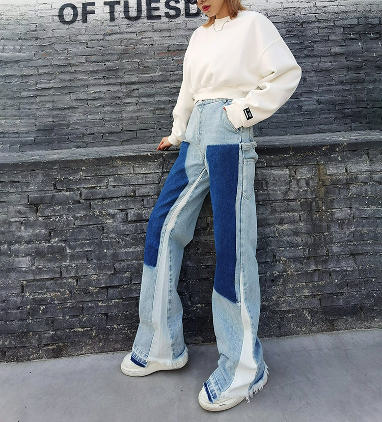 Women Distressed Color Matching High-Waist Casual Pants