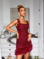 Araluen Sequin Feather Mini Dress In Wine