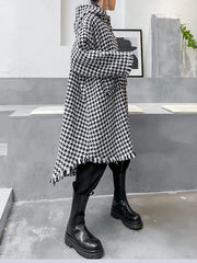 Women Lapel Plaid Print Hooded Coat