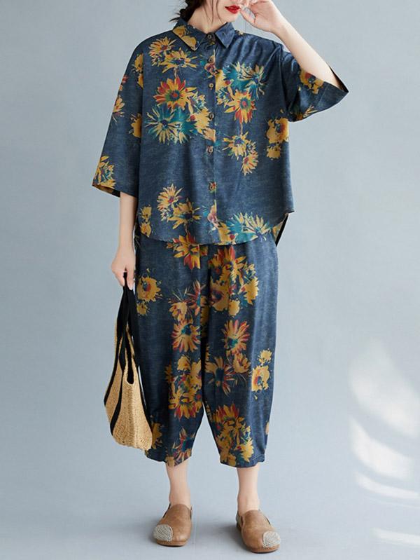 Casual Floral Shirt Blouse Tops+Harem Pants Suits